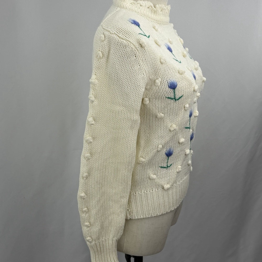 Vintage 80s Floral Knit Sweater 3D Bobble Mock Neck Cottagecore Size Medium - Picture 3 of 6